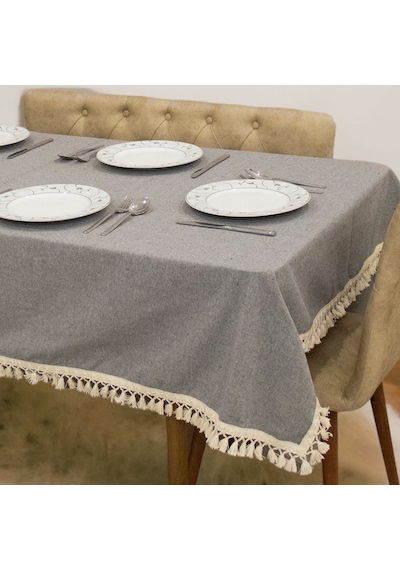 Dnc Home Tekstil  Gri Antrasit Pamuk Keten Ham Ponponlu Masa Örtüsü