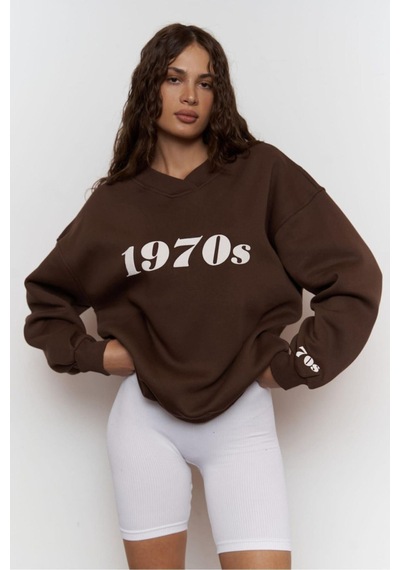 Kadın Katlamalı V Yaka 1970's Baskılı Oversize Sweatshirt Kahverengi