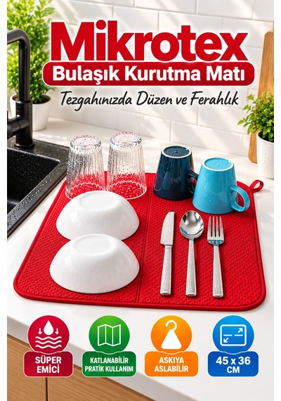 Kırmızı Bez Mikrotex Bulaşık Kurutma Matı 45x36 Cm Süper Emici Katlanabilir Tezgah Üstü Kurutma Matı