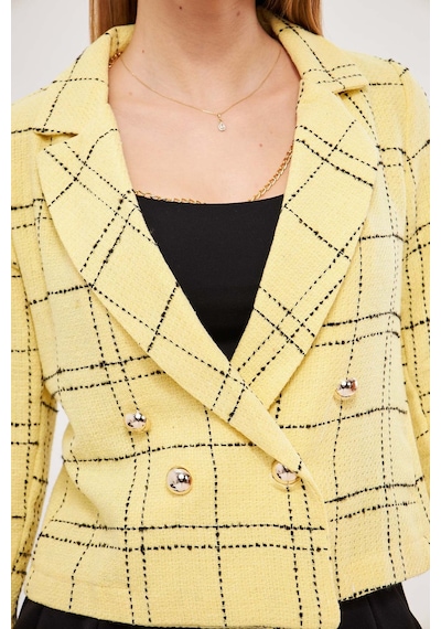 Armonika Kadın Sarı-siyah Kruvaze Yaka Tüvit Crop Ceket Arm-24k001014