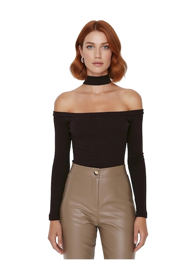 Ersefa Stil Kadın Carmen Yaka Choker Detaylı Fitted Vücuda Oturan Fitill Kahverengi