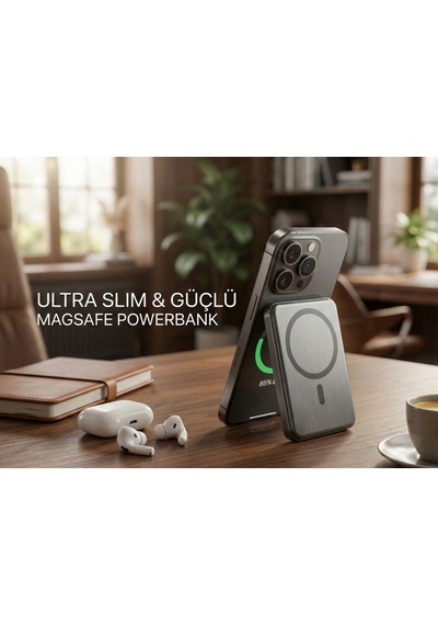Uk Apple Uyumlu iPhone 15 Pro  Magsafe 5000mah Ultra İnce Powerbank Kablosuz Hızlı Şarj-titanyum Gri Titanyum