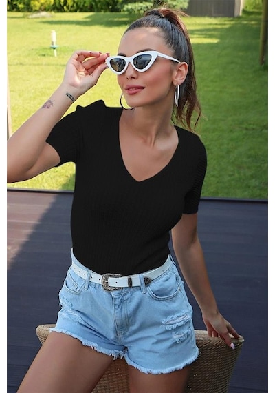 Aqe Fashion V Yaka Kısa Kol Siyah Bluz Siyah