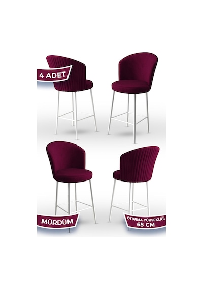 Canisa Alte Serisi 4 Adet Mürdüm Sandalye 65 Cm Ada Mutfak Bar Sandalyesi Babyface Kumaş Beyaz Metal Ayaklı Sandalye Mürdüm Ayaklar Beyaz