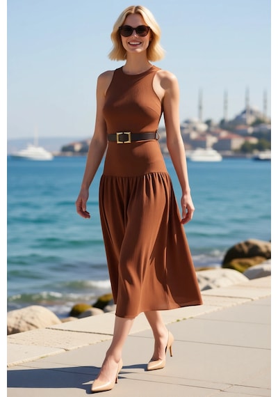 Benerly Kadın Kolsuz Maxi Elbise Kemerli Halter Yaka Skater Kesim Astarlı Kahverengi