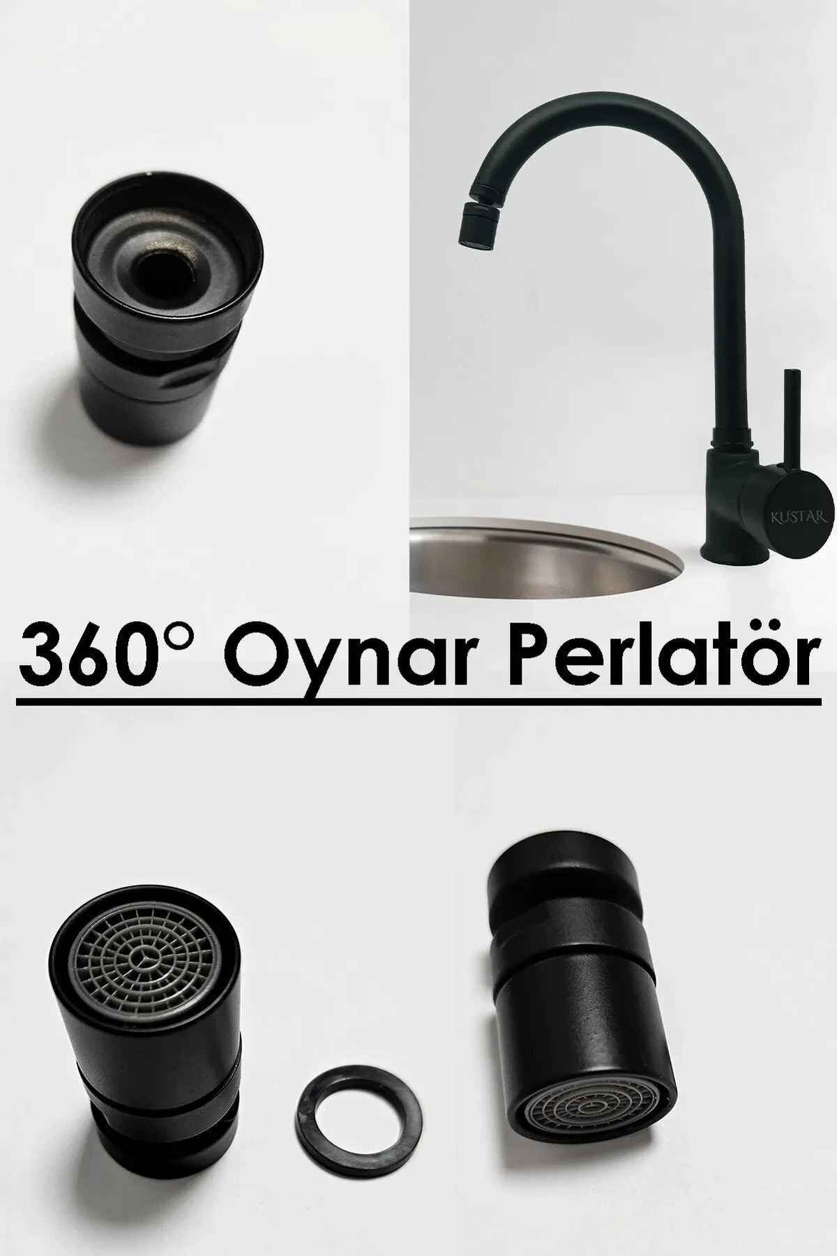 360 Ayarlanabilir Dönerli Musluk Başlığı Siyah Mutfak Banyo Lavabo Bataryası Kolay Kurulum