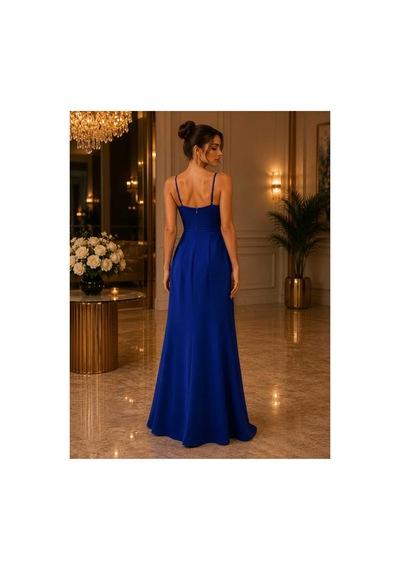 Gül&can Butik Saks Mavi Drapeli Yırtmaçlı Uzun Abiye Elbise Mavi