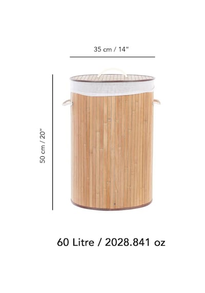 Naturel Yuvarlak Kirli Çamaşır Sepeti - Bambu Katlanabilir Çamaşır Sepeti Sele 35x50 Cm 60 Lt Bej Bej