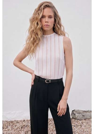 Sateen Çizgili Organze Kolsuz Bluz - Ekru-137673
