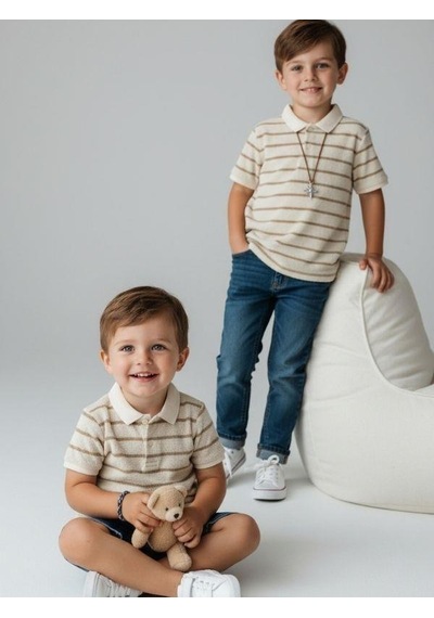 Zekids Erkek Çocuk Yakalı Yarım Kollu Düğmeli Triko T-shirt-16804 Bej