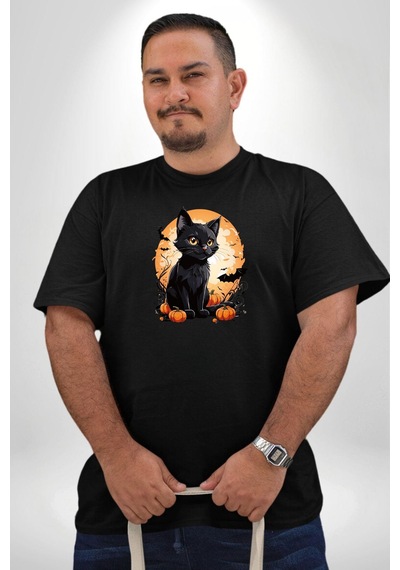 Angemiel Cadılar Bayramı Kedi Siyah Büyük Beden Erkek Kadın Unisex Basic Ön Baskılı Tişört Siyah