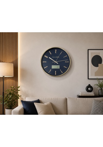 Lacivert Gold Premium Duvar Saati Dijital Göstergeli Modern Dekoratif Saati