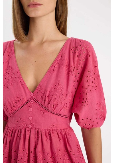 DeFacto Babydoll Vual Kısa Kollu Brode Mini Abiye Elbise D4402AX24HSPN184