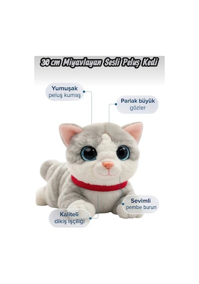 Sevimli Kedi Peluş Yavru Kedi Sesli Miyavlayan Peluş Kedi Uyku Arkadaşı 30 Cm Gri