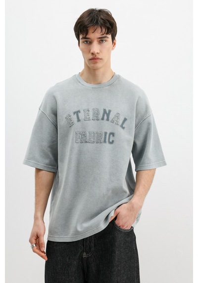 Vamos Oversize Baskılı Tişört V70-148 Gri