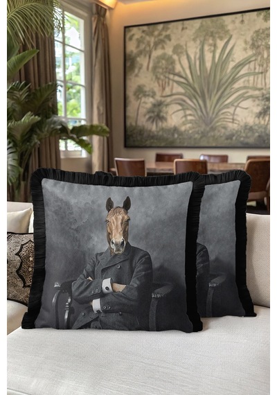 Avangart Portre Lüx Saçaklı Yastık Kılıfı-elegan Hayvan Figürü Gri Modern Püsküllü Kırlent Kılıfı Çok Renkli