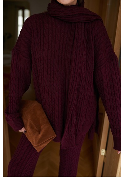 Meecy Kadın Triko Pantolon Takım Oversize Saç Örgülü Bordo Bordo