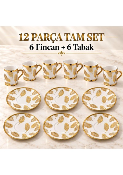 Valkyrie 12 Parça 6 Kişilik 80 Ml Türk Kahvesi Fincan Takımı Gold Yaprak Desenli K654-b