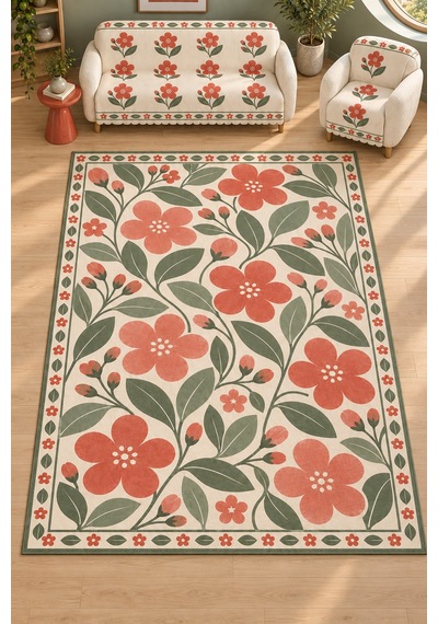 3 Lü Set 2 Adet 165x215 Cm Koltuk Örtüsü + 1 Adet 6m2 180x280 Cm Kaymaz Taban Dijital Baskılı Halı Kırmızı