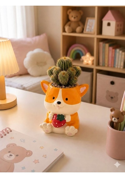 Corgi Köpek Figürlü Çilekli Saksı - Sevimli Hayvan Tasarım Sukulent Ve Kaktüs Saksısı