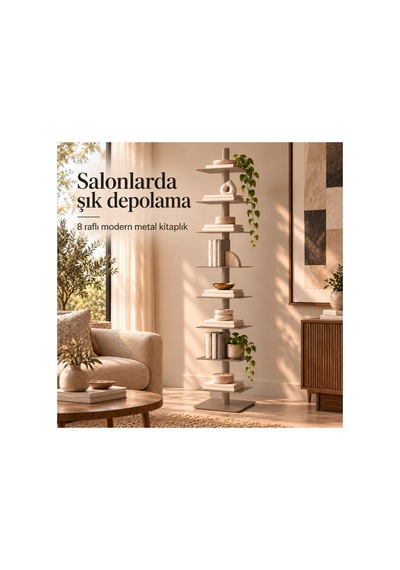 Axis 8 Raflı Metal Kitaplık Modern Tasarım Dikey Dekoratif Kitaplık Bej - 935176049 Bej