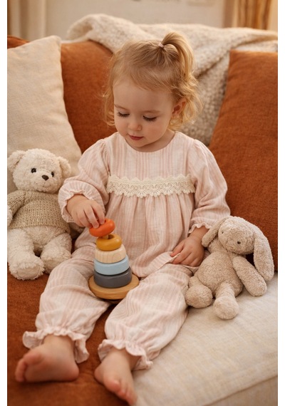 Babyhola Kız Bebek Çocuk Bayramlık Takım Dantel Detaylı Alt Üst Takım Set 2005 Somon