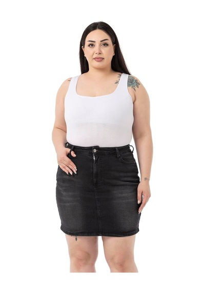 Disentis Büyük Beden Taşlama Detaylı Beş Cepli Siyah Mini Denim Etek-siyah Siyah