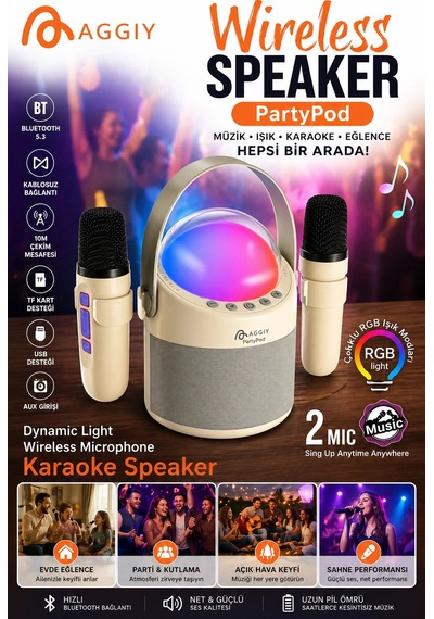 Partypod Bluetooth 5.3 Destekli Çok Fonksiyonlu Kablosuz Hoparlör