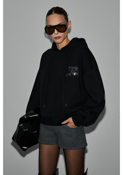 Grımelange Asterelle Kadın Pamuklu İçi Polarlı Oversize Kapüşonlu Sırtcı Patch Detaylı Siyah Sweatsh Siyah