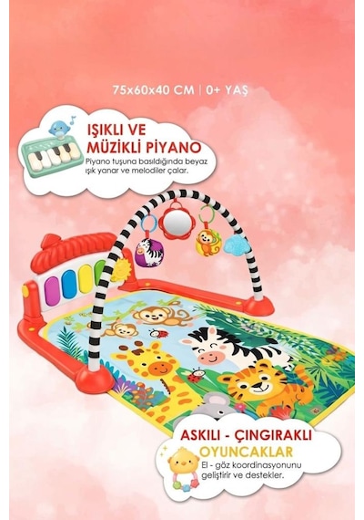 Safari Temalı 4'ü 1 Arada Müzikli Işıklı Sesli Piyanolu Oyuncaklı Aksesuarlı Eğitici Oyuncak Halı