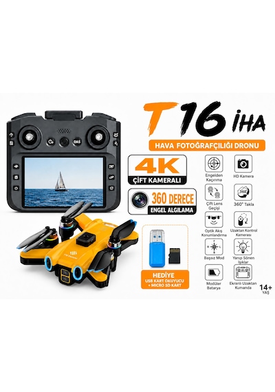 T16 İha Hava Fotoğrafçılığı Dronu 4k Çift Kamera 360 Derece Engel Algılama 4.5 İnç Ekranlı Kumanda 360 Derece Takla Yanıp Sönene Işıklar Sabit Havada Kalma Tek Tuş İniş Kalkış Tek Tıkla Geri Dönüş