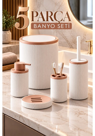 5 Parça Banyo Seti Krem Ve Somon Renkli Çöp Kovası, Tuvalet Fırçası, Sıvı Sabunluk, Diş Fırçalık Ve Sabunluk