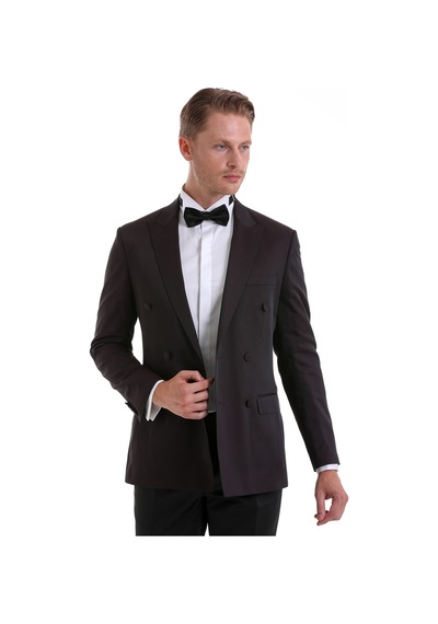 Hatemoğlu Bordo Slim Fit Düz Sivri Yaka Klasik Kruvaze Smokin Damatlık Bordo