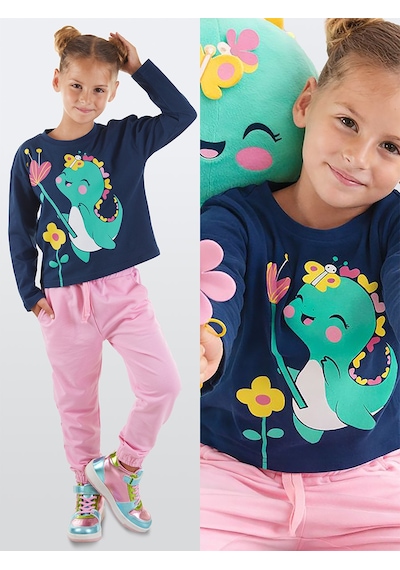 Tatlı Dino Kız Çocuk T-shirt Eşofman Altı Takım