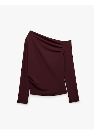 Koton Slim Fit Drapeli Asimetrik Kesim Uzun Kollu Tek Omuz Tişört Bordo 7wak50088ek