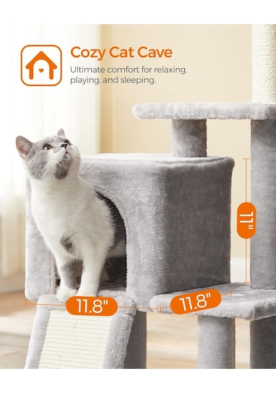 Tr Pct143w01 Kedi Ağacı, Tırmalama Tahtalı, 3 Çıkarılabilir Ponpon Çubuğu, 118 Cm, Açık Gri