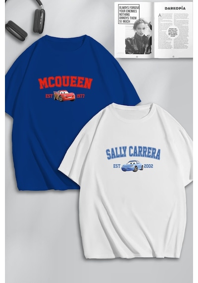 Unisex Kadın Erkek I'm Sally & Mcqueen Cars Baskılı Sevgili Çift Kombini Tasarım Oversize Tshirt 2li Mavi Beyaz Mck0460 Mavi Beyaz