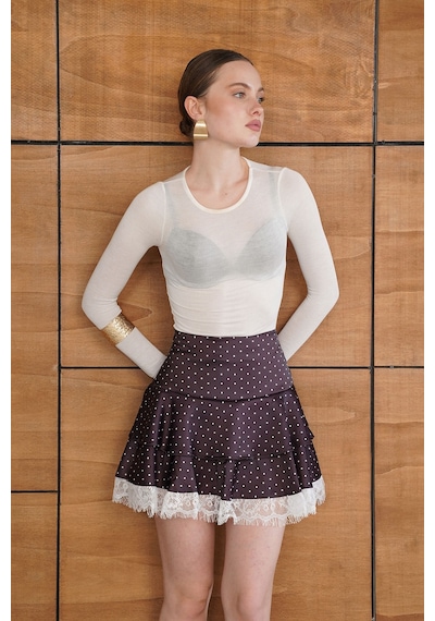 Verymoda Puantiyeli Dantel Detaylı Saten Etek D2962 Kahve