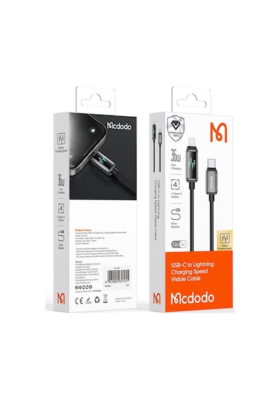 Mcdodo CA-2630 36w Typec Apple Uyumlu iPhone Şarj Hız Göstergeli Şarj Data Kablosu 1.2 M Siyah