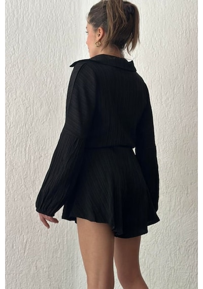 Fashion Cocktail Uzun Kol Casual Kabartma Kumaş Yakalı Düğmeli Boyfriend Gömlek Stil Şortlu Tulum Siyah Fashion Cocktail Uzun Kol Casual Kabartma Kumaş Yakalı Düğmeli Boyfriend Gömlek Stil Şortlu Tulum Siyah