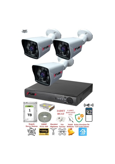 Fury 3 Kameralı 5mp Lensli 1080p 2mp Görüntü 6 Atom Gece Görüşlü Fullhd Güvenlik Kamerası 5525a 1tb