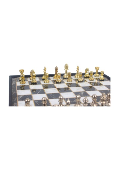 Lüks Sandıklı Metal Satranç Takımı Krom Kaplama Klasik Gold Temalı Figür Mermer Desen Zemin 20 Cm.