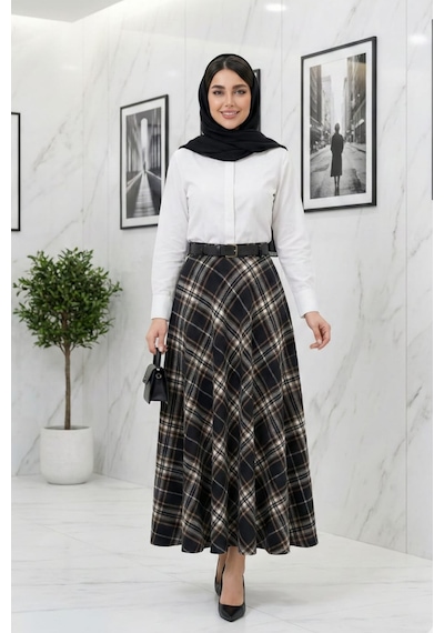 Hb Harma Time Butik Kadın Siyah Desenli Kemerli Etek