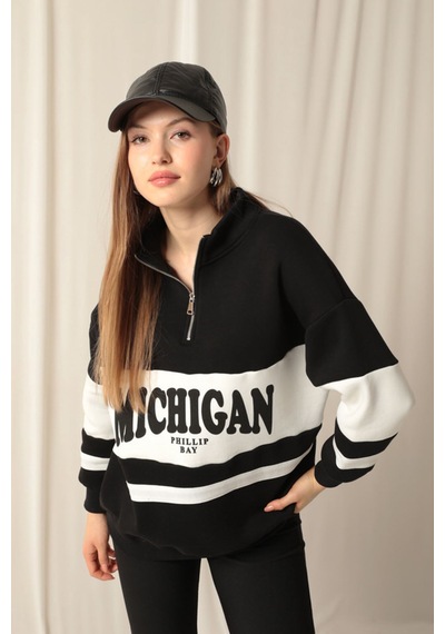 Üç İplik Michigan Baskılı Fermuarlı Kadın Siyah Sweat Renkli Çok Renkli