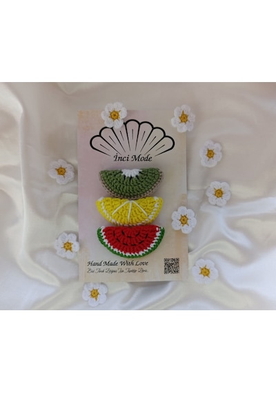Kız Çocuk Kivi Limon Karpuz Meyveli 3'lü Toka Seti Hand Made Renk Çok Renkli