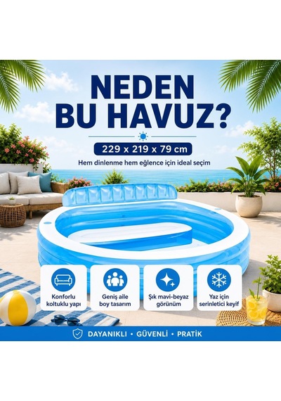 Koltuklu Şişme Aile Havuzu 229 X 219 X 79 Cm Sırt Dayamalı Ve Oturma Alanlı
