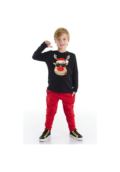 Denokids Yılbaşı Geyik Erkek Çocuk T-shirt Pantolon Takım Renkli Çok Renkli
