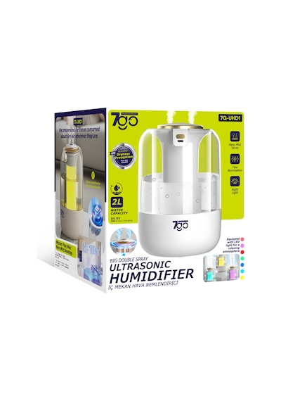 7go 7g-uhd1 Ultrasonik Çift Çıkışlı Hava Nemlendirici 2l Su Kapasiteli, Usb-c, Led Işıklı, Sessiz