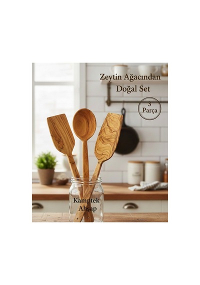Kamptek Ahşap Zeytin Ağacı 3'lü Mutfak Seti - El Yapımı Doğal Spatula Ve Kaşık Seti Ahşap