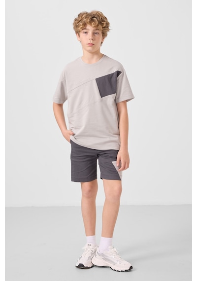 Taş-antrasit Pamuklu Oversize Fit Dokuma Hafif Esnek Chino Erkek Çocuk Şort Takım - 11275 Taş